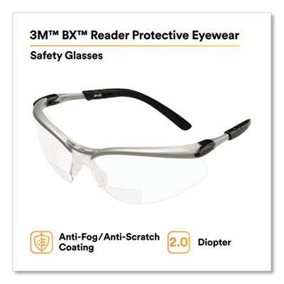 BX Molded-In Diopter Safety Glasses, 2.0+ Diopter, Silver/Bl