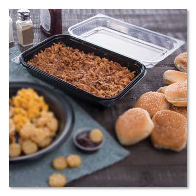 Hinged-Lid Dinner Box, 64 oz, 11.5 x 8.1 x 3, Black/Clear, P
