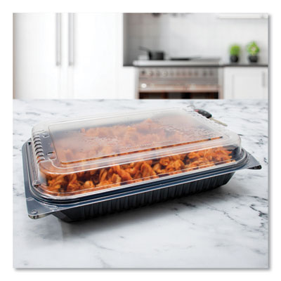 Hinged-Lid Dinner Box, 64 oz, 11.5 x 8.1 x 3, Black/Clear, P